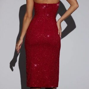Oh Polly embellished bandeau neck midi dress in red - size 4.